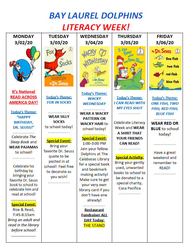 2019 Bay Laurel Literacy Week Schedule